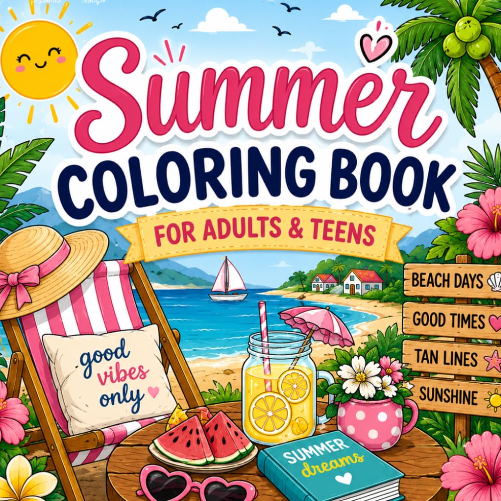 Summer Coloring Book for Adults & Teens: Cozy Cute Relaxing Summer Scenes, Easy Bold Simple Designs, Beach Vacation Fun