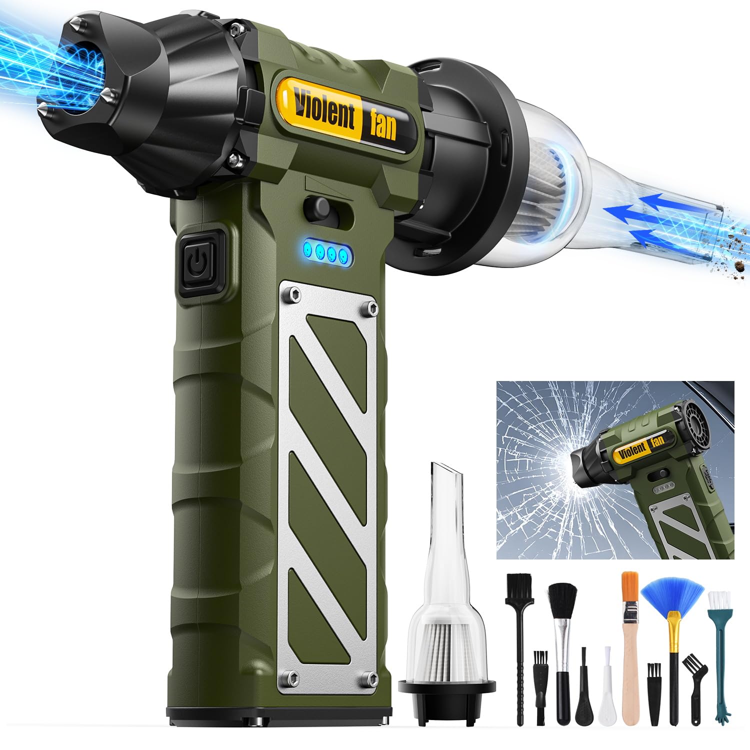 Kocyare Compressed Air Duster,Infinitely Variable Speed?130000RPM Electric Jet Dry Blower with Safety Hammer,Cordless Rechargeable Air Duster for Cleaning PCs/Keyboards/Car Washing (Green)