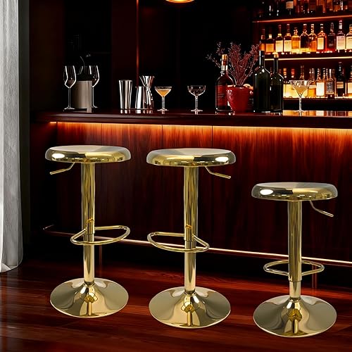 Miniatura 8 de Juego de 2 taburetes de bar ajustables, sillas giratorias sin respaldo y altura de barra, taburetes de bar modernos con marco de metal dorado para