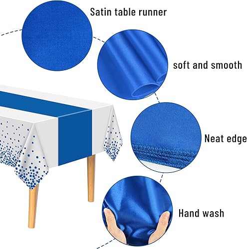 Miniatura 4 de PLULON Juego de 12 manteles de plástico y camino de mesa de satén, manteles rectangulares de lunares blancos y azules, camino de mesa de satén azul