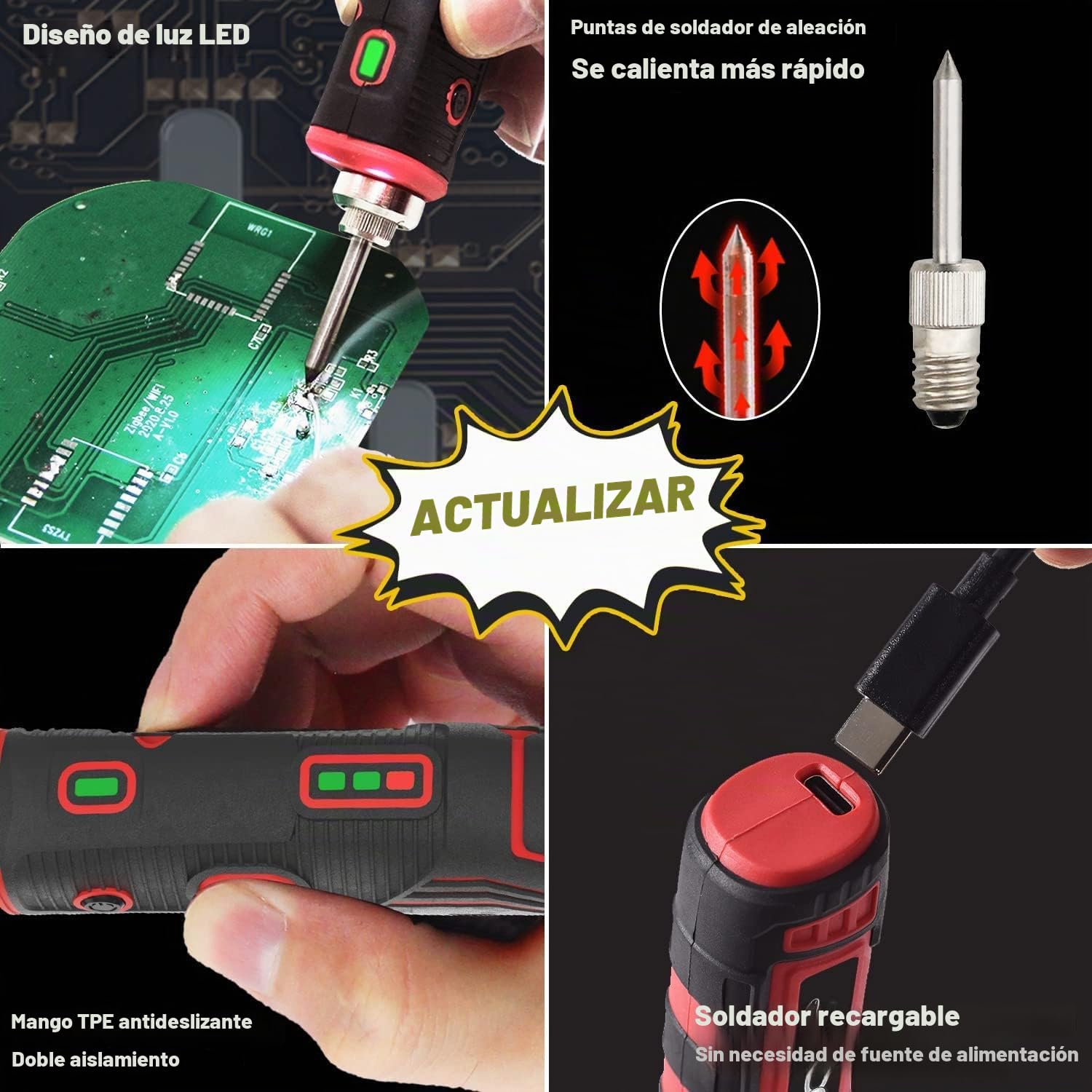 Kit soldador batería de 11 W con 2 puntas de soldadura de repuesto | 1 bomba de desoldadura y cable tipo C + adaptador UE, Herramientas de soldadura profesionales y seguras,LD006A-PRO