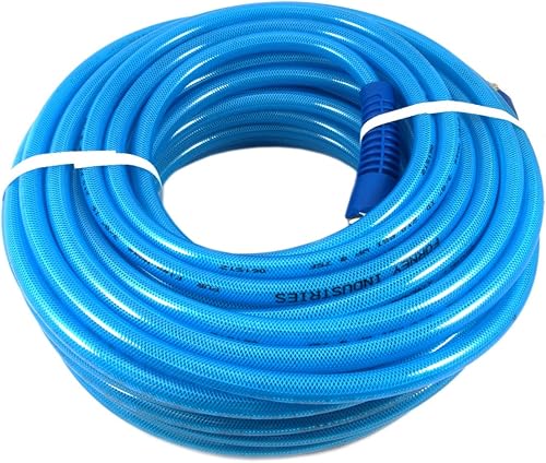 Forney 75442 Manguera de aire, flexible de poliuretano azul con accesorios NPT macho de 14 pulgadas en ambos extremos, 14 pulgadas por 50 pies,
