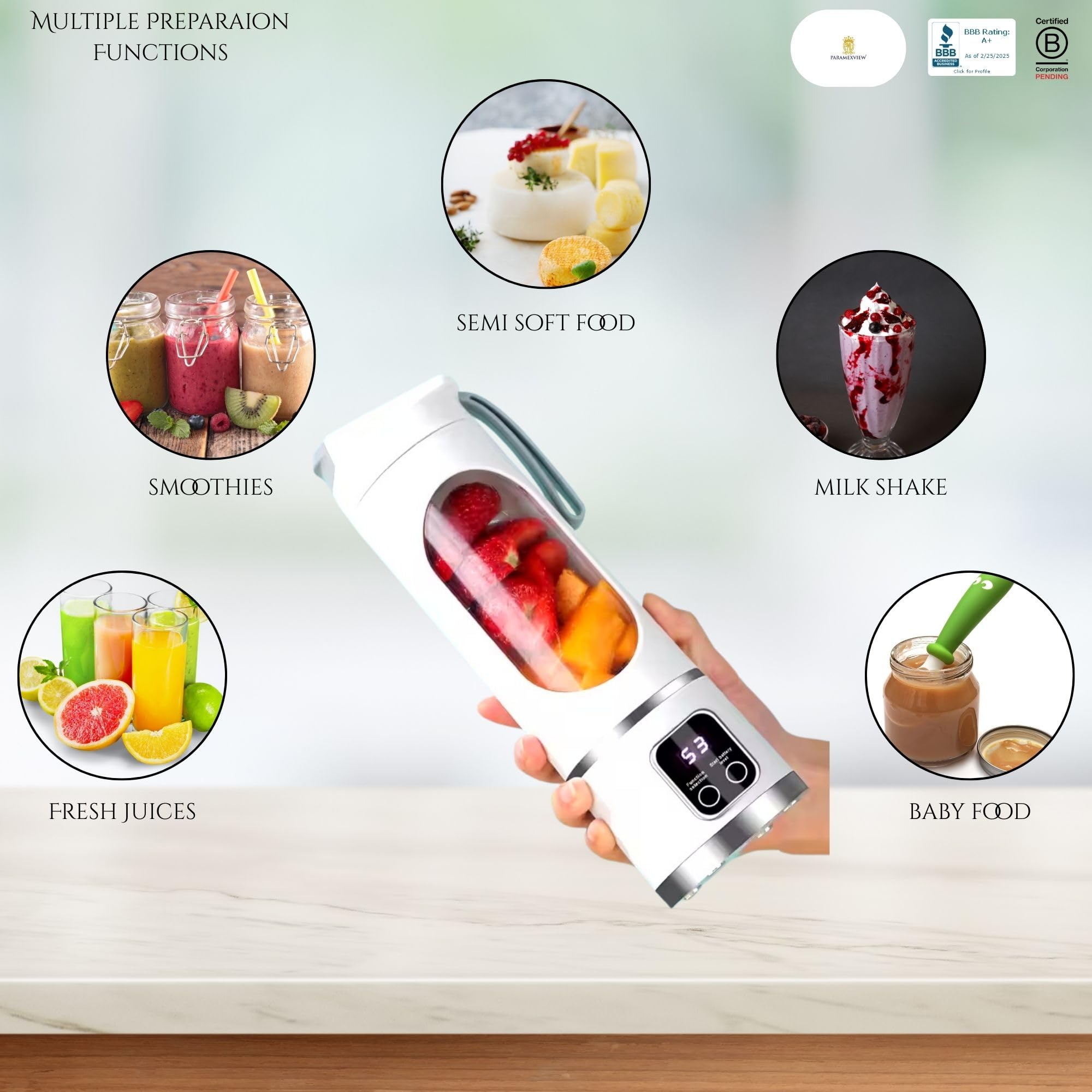 ® Licuadora portátil de 16 oz/16.9 fl oz para jugos y batidos con 12 cuchillas de acero inoxidable | Recargable por USB y control de múltiples velocidades | Licuadora portátil de fusión 3