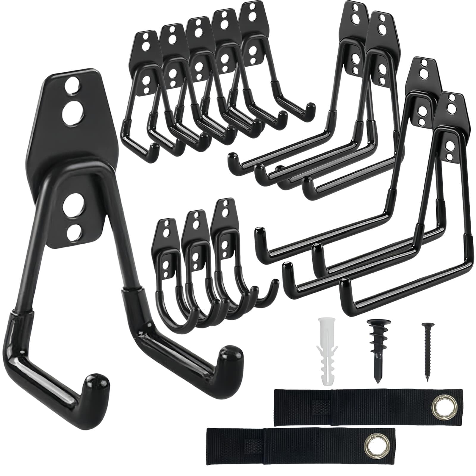 Garage Hooks 12Pcs Heavy Duty Steel Wall Mounted Hooks Reinforced Welding Tool Organizer with 2 Straps, 4 Size Storage Hanger for Bike, Garden Tools, Sports Equipment, Garage Organization (Black)