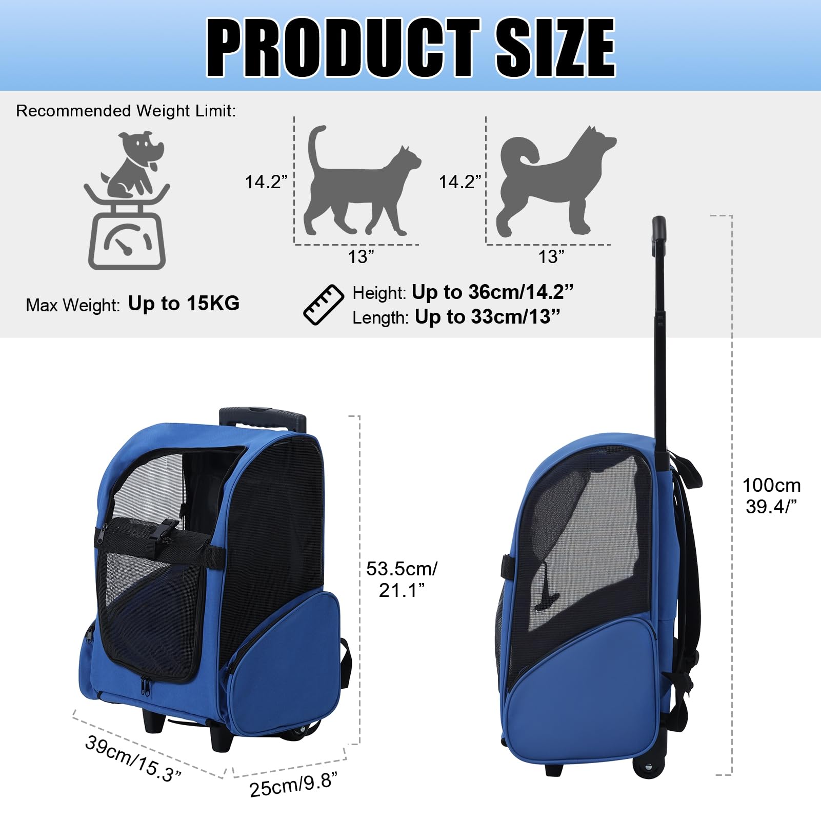 Mochila con ruedas para mascotas, mochila de viaje para mascotas con ruedas dobles y asa telescópica, transportador de mascotas con ruedas, transportador de viaje para mascotas para gatos
