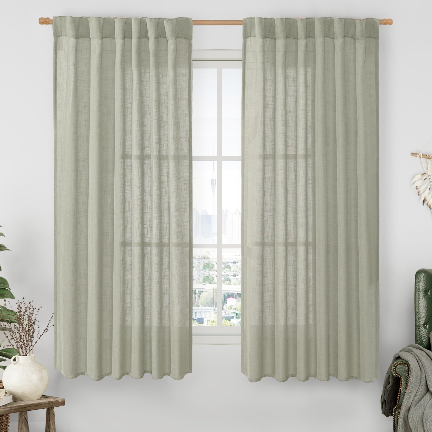 LAMIT Sage Grey Semi Sheer Linen Curtains 60 Inch, Light Filtering Panels