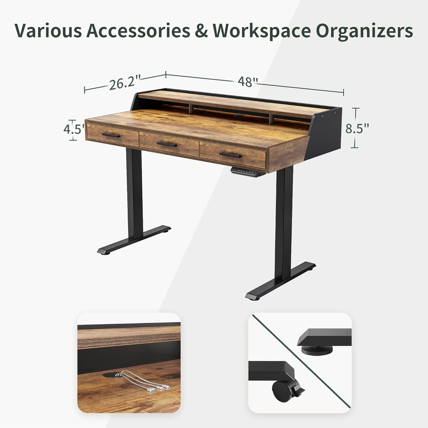 CubiCubi Standing Desk 48x26 Inches with 3 Wood Drawers and Monitor Shelf, Ergonomic Rising Home Office Desks, Height Adjustable Computer Desk, Sit Stand Up Electric Workstation Table, Brown