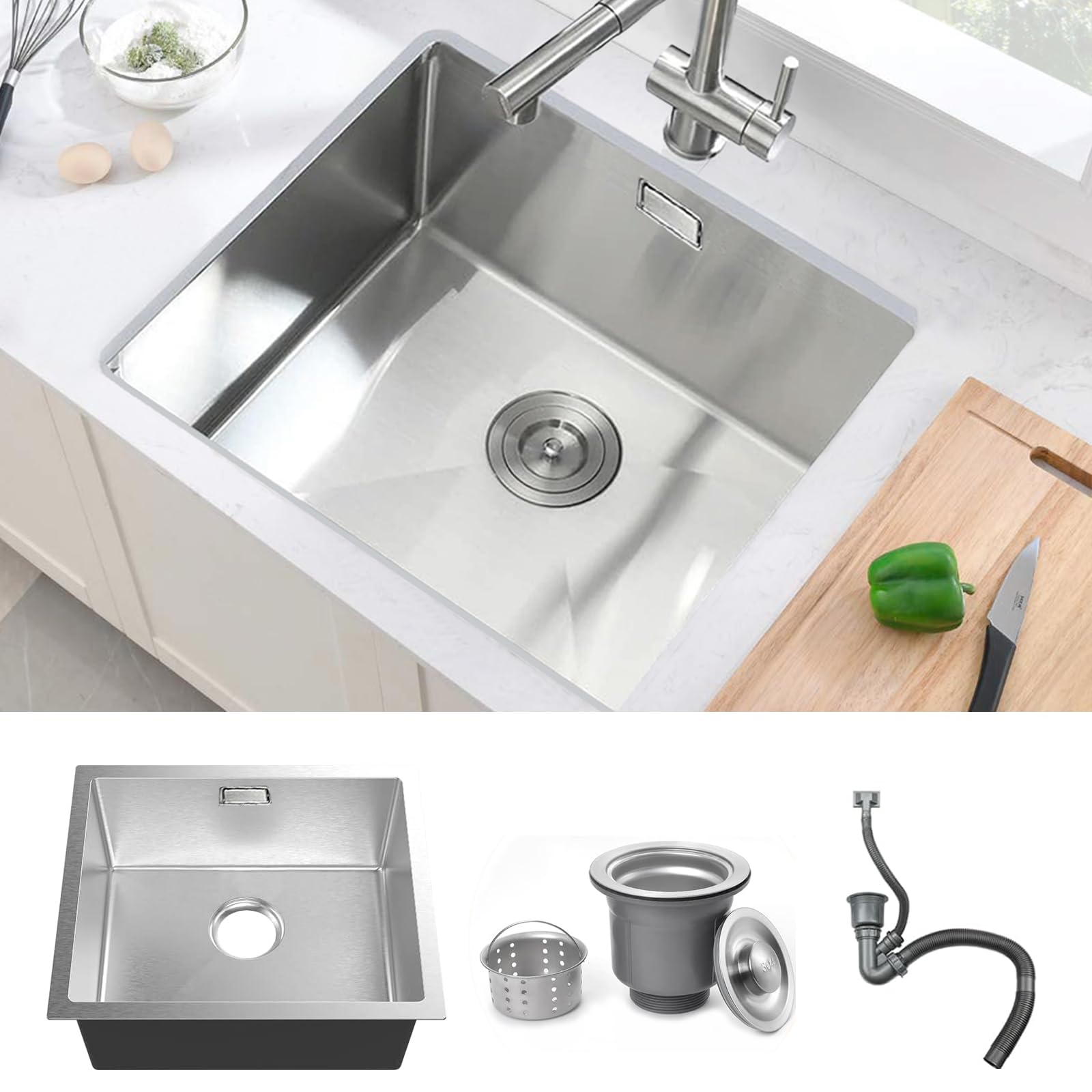 304 Stainless Steel Kitchen Sink, 50X45CM Small Sink, BoomHoze Undermount Single Bowl Outdoor Campervan Essential with Overflow, Drainer Fittings, Drop in Flushmount or Topmount Installation,Brushed — image 1