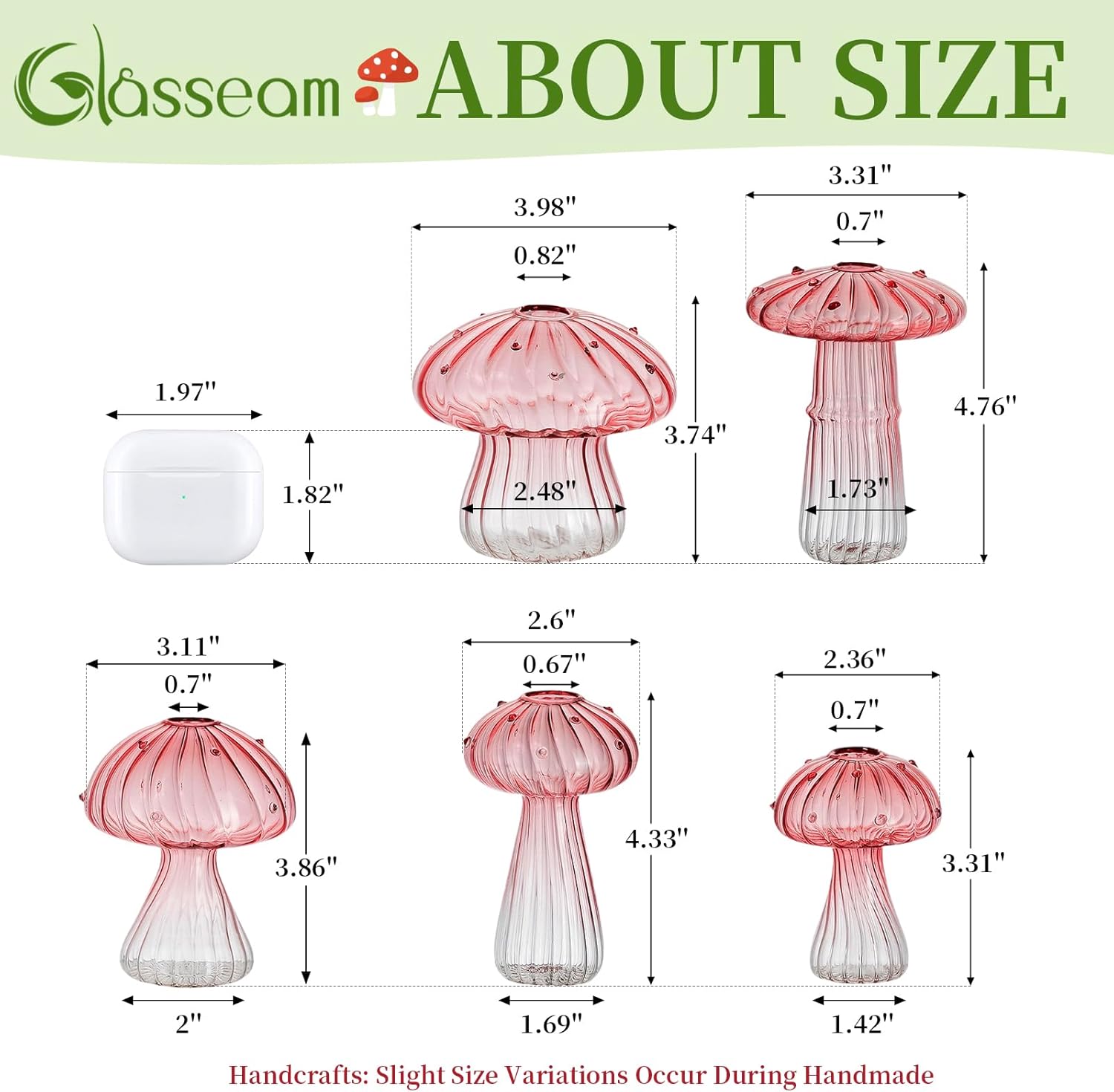 Glasseam Mushroom Plant Propagation Stations: Pink Glass Terrarium Jar Set of 5 Cute Planters for Indoor Plants Decorative Propagate Vase Unique Gifts for Women Home Office Decor