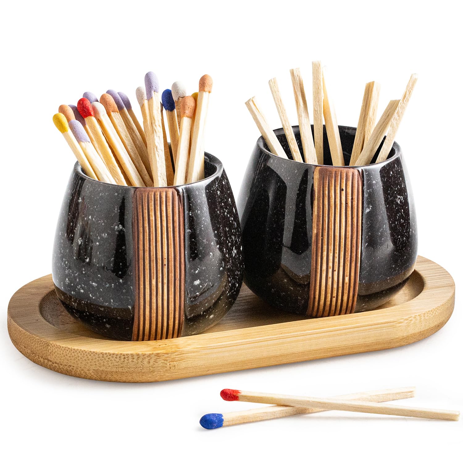 Set of 2 Ceramic Match Holders with Striker - Wooden Tray Matchstick Container Set for Bathrooms, Cafes & Modern Homes- Matches NOT Included, Black-image-34