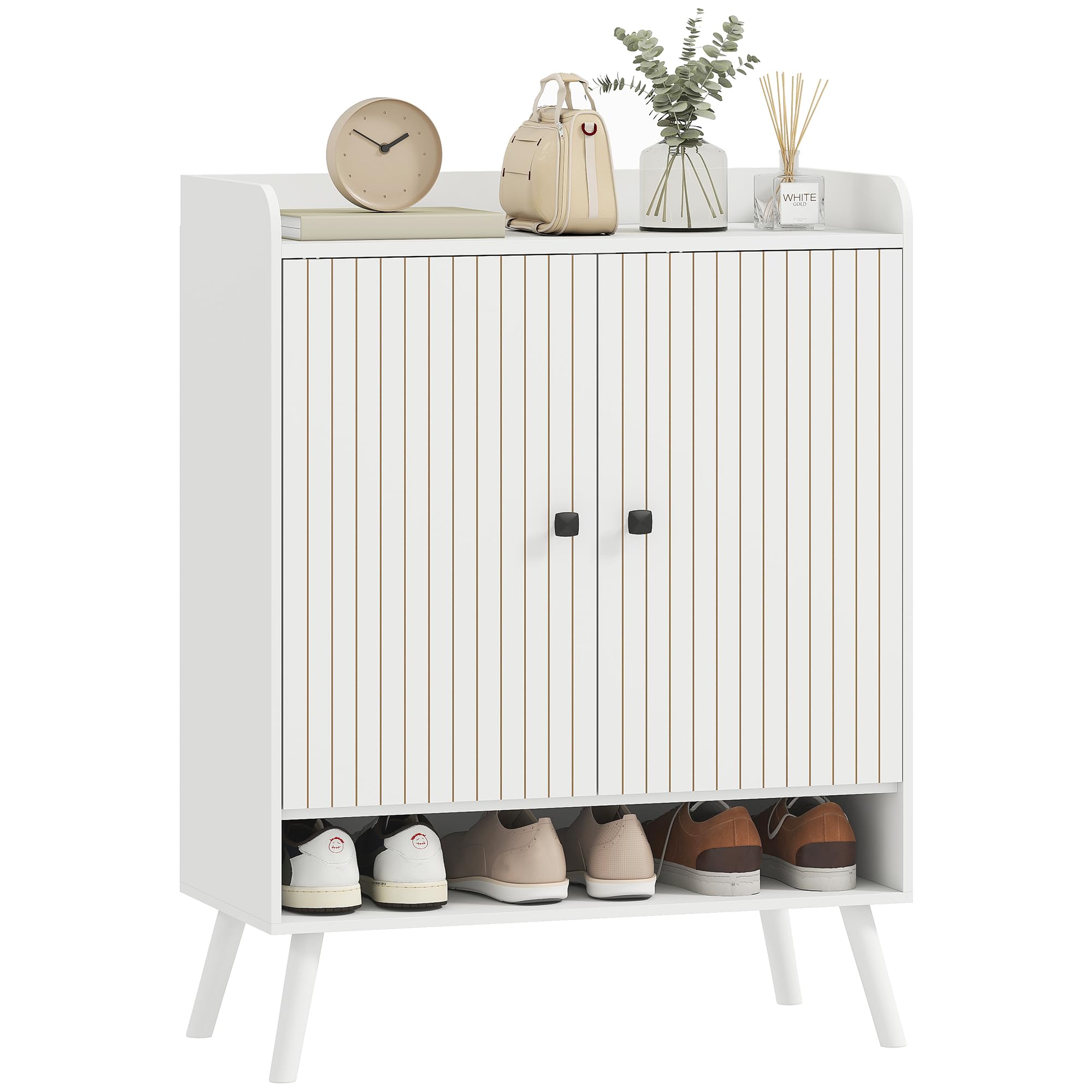 HOMCOM Zapatero de 2 Puertas en Lamas para 15 Pares 75x35x97 cm Blanco | Zapatero Entrada Recibidor, Estantes Ajustables, Compartimento Abierto