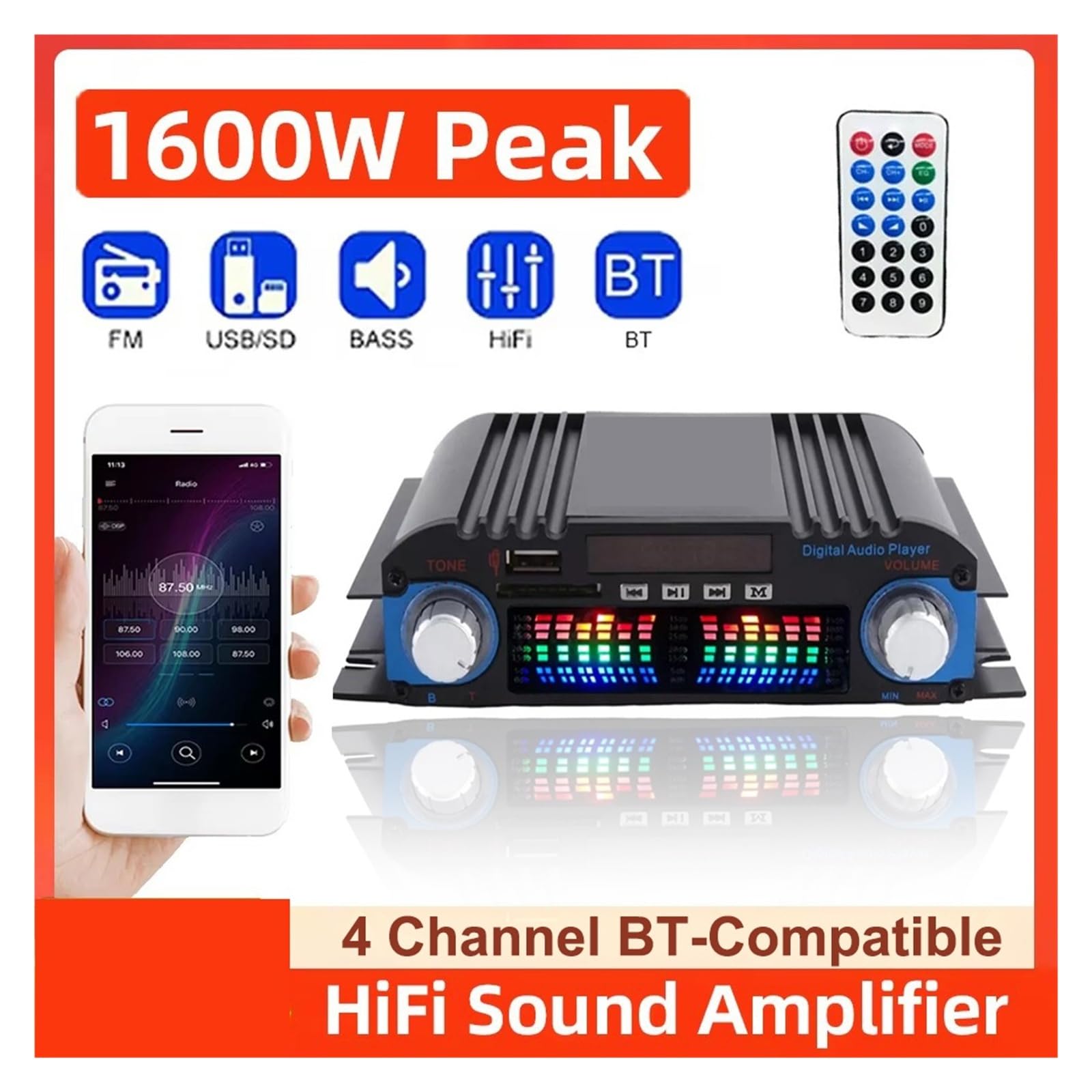 Wzmacniacz dźwięku HiFi o mocy szczytowej 1600 W Cyfrowy wzmacniacz 4-kanałowy Odtwarzacz Bluetooth Radio FM Do kina domowego