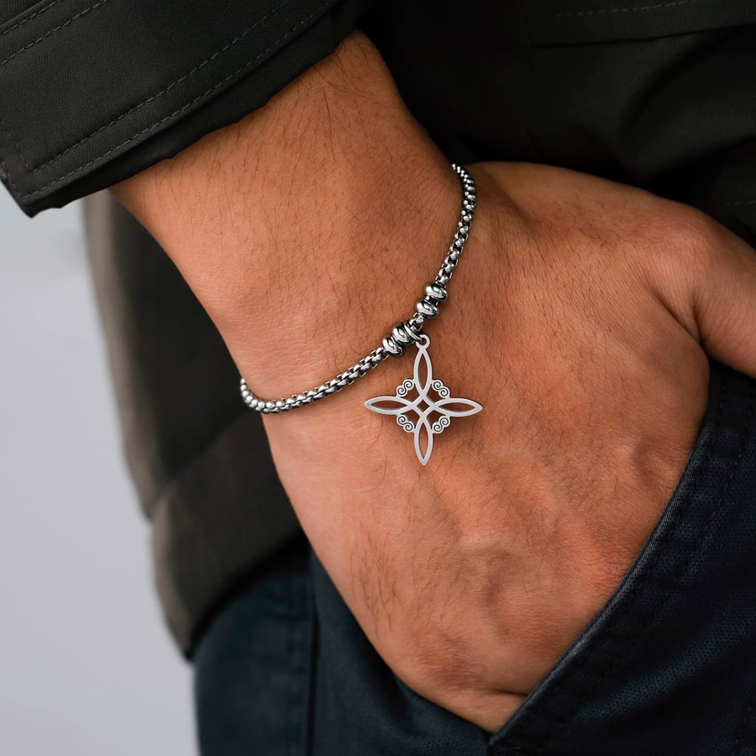 Witches Bracelet Celtic Knot Pagan Wiccan Symbol Magic Knot Witchcraft Jewelry Bracelet Stainless Steel Adjustable Charm Chain Bracelet Jewelry for Women Men (Silver) - Image 4