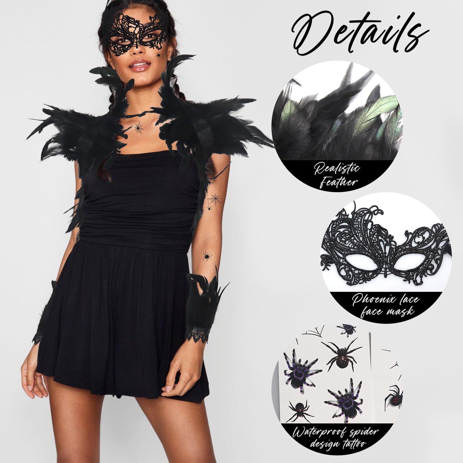Oerphh 14 Pcs Women Natural Feather Cape, Gothic Feather Cape Shawl with 2 Feather Bracelets - Image 4