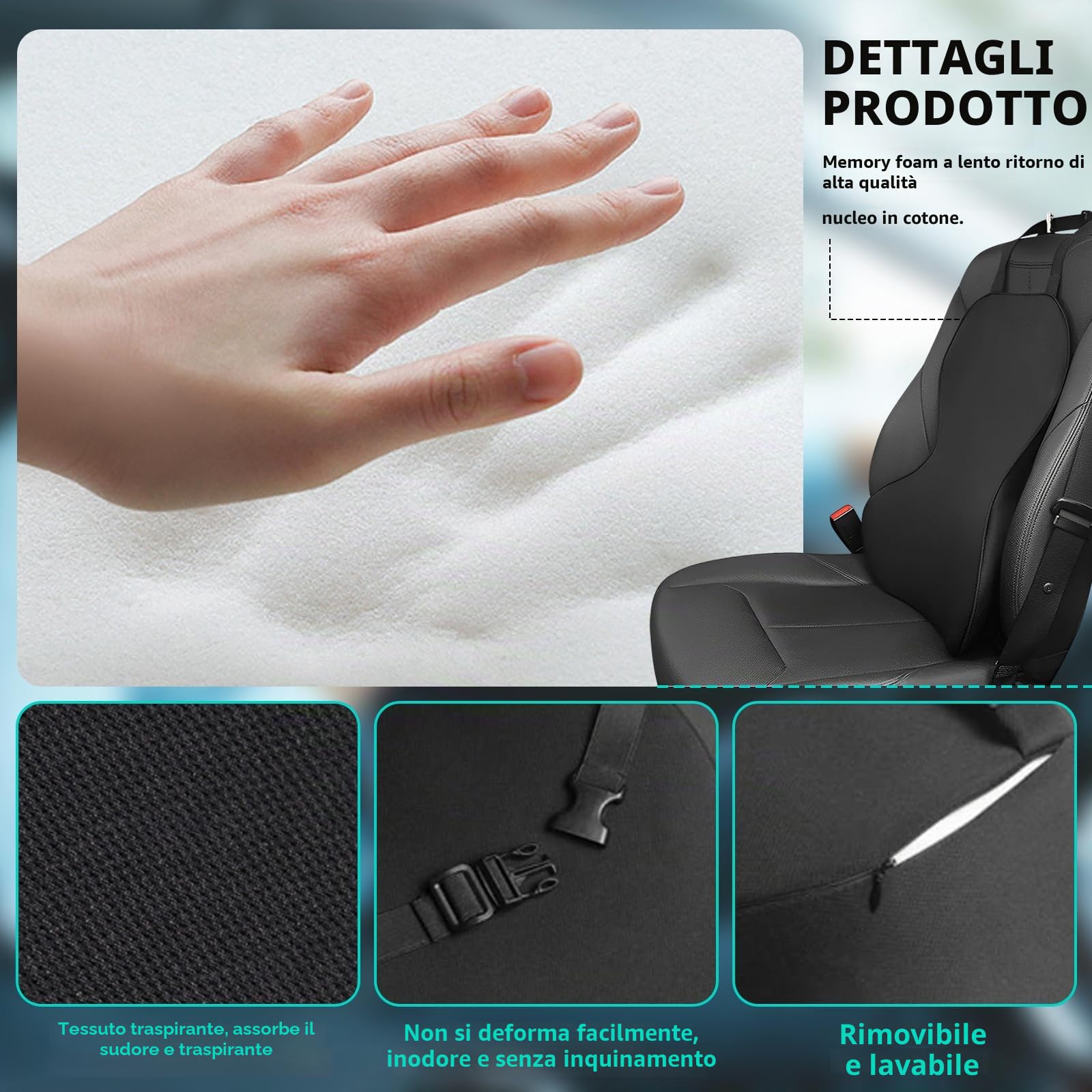 Cuscino lombare in memory foam, cuscino posteriore per sedili auto, supporto lombare per conducente (A)