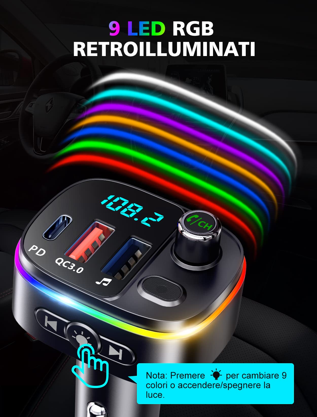 Mohard Bluetooth Auto, QC3.0 & PD 18W USB C Trasmettitore FM Bluetooth Auto, Supporto Chiamate Vivavoce Adattatore Radio Veicoli Caricabatterie per GPS, 9 RGB Retroilluminati Hifi Siri Assistant