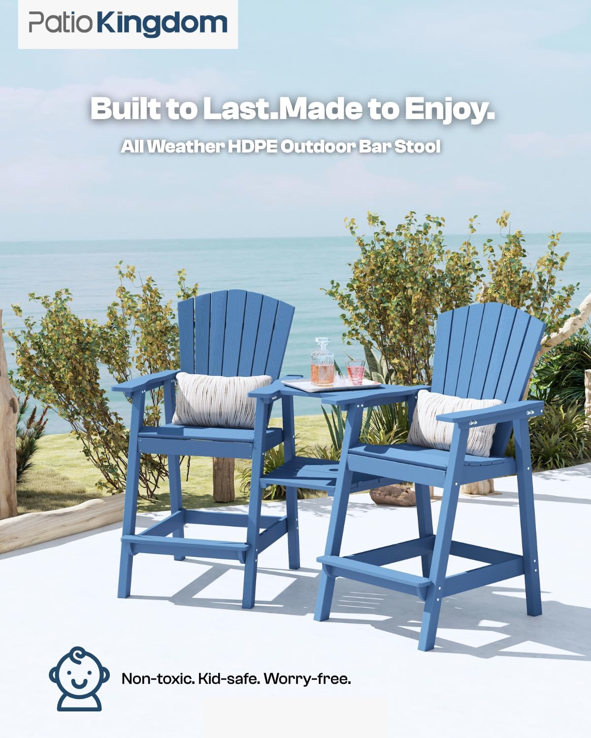 Navy Blue HDPE Tall Adirondack Chair Set of 2 with Beige 11FT Cantilever Umbrella, All-Weather Outdoor Bar Height Chairs with Trays & Umbrella Hole for Balcony