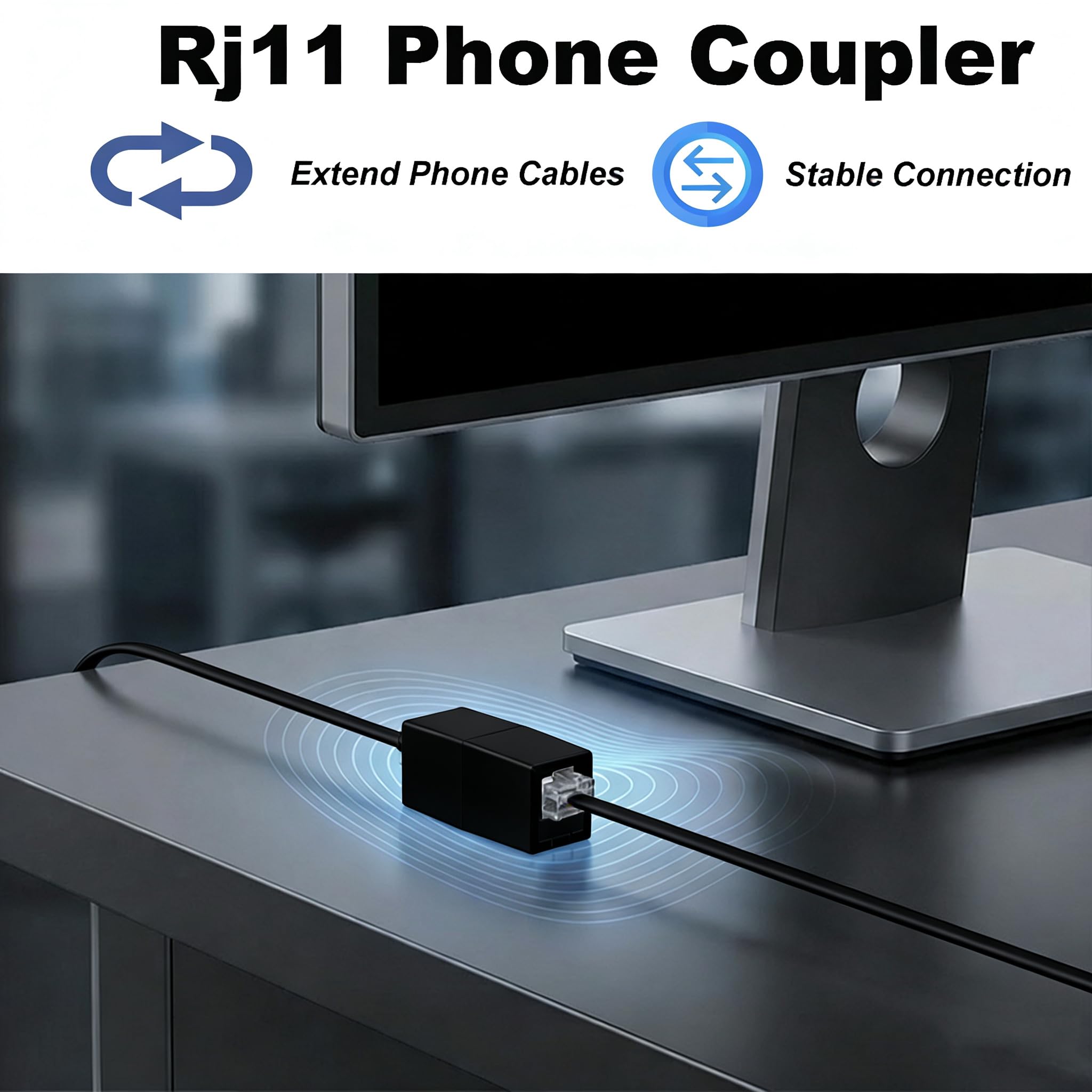 Telefon-Verlängerungskabel, 30 m lang, mit Standard-RJ11-Stecker und Telefon-Inline-Koppler, RJ11-Splitter und 35 Kabel-Clip-Halterungen, Schwarz