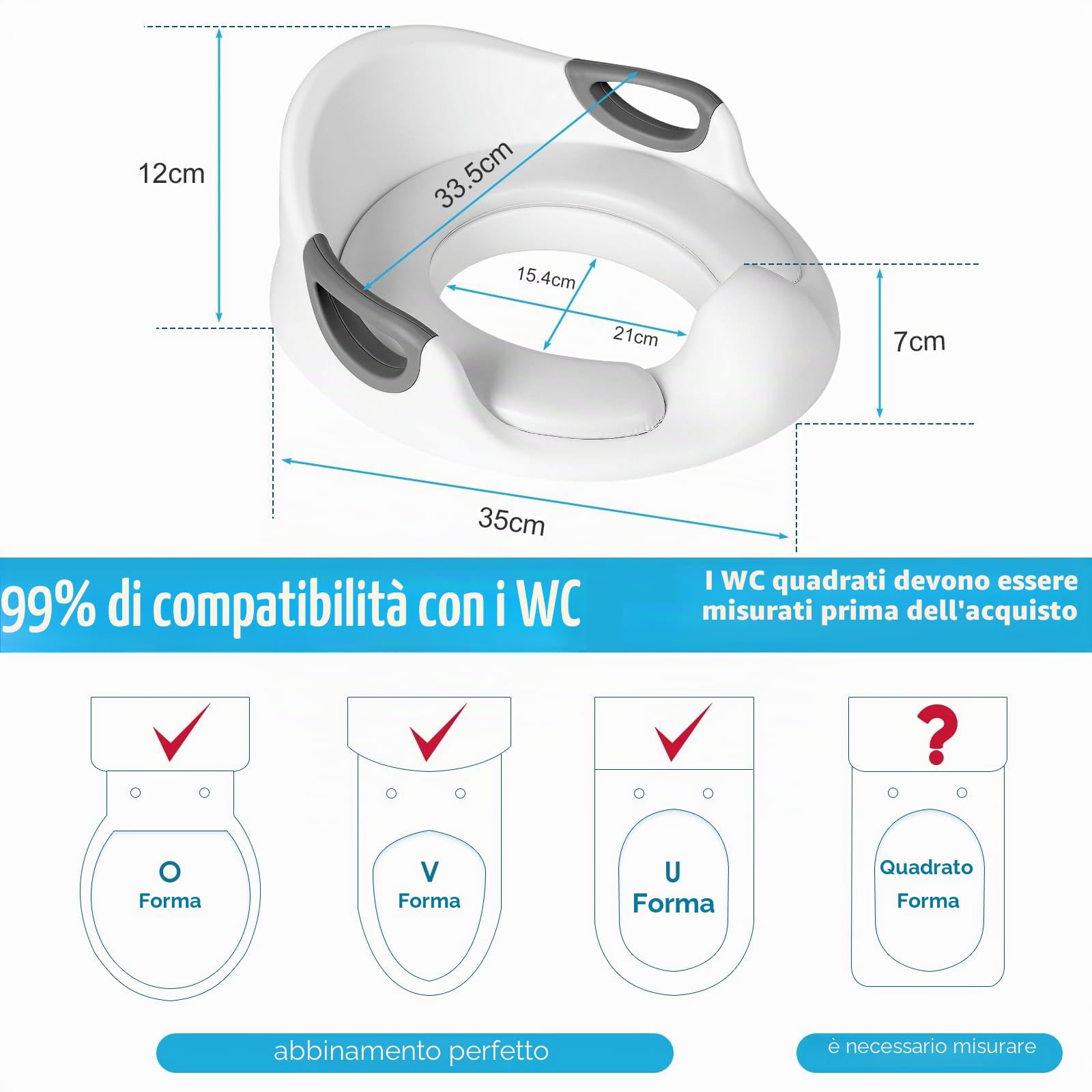 MAMIZO Riduttore WC Bambini, Riduttore WC Bambini Portatile, Riduttore Water Bambini con Paraspruzzi e 2PCS Maniglia per l'uso su WC rotondi e Ovali, Adatto a Bambini 1-7 Anni, Bianco
