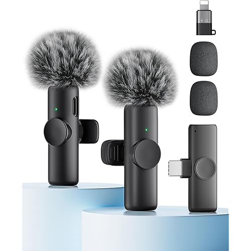 Wireless Microphone for iPhone iPad and Android Phone, 2 Pack Wireless Lavalier Lapel Mic with Noise Reduction, Plug and Play Mini Microphone for Video Recording Interview Podcast YouTube TikTok Vlog