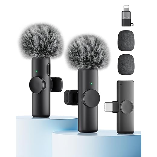 Wireless Microphone for iPhone iPad and Android Phone, 2 Pack Wireless Lavalier Lapel Mic with Noise Reduction, Plug and Play Mini Microphone for Video Recording Interview Podcast YouTube TikTok Vlog