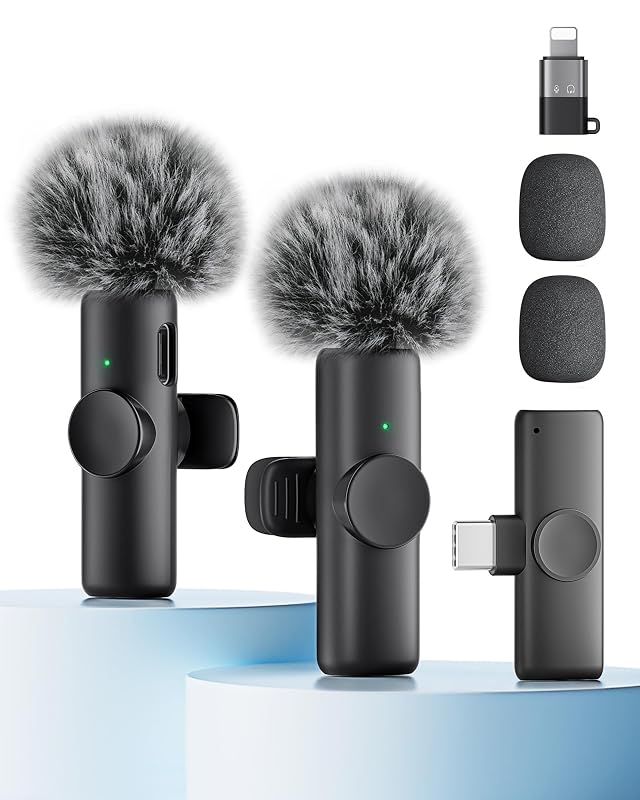 Wireless Microphone for iPhone iPad and Android Phone 2 Pack Wireless Lavalier Lapel Mic with Noise Reduction Plug