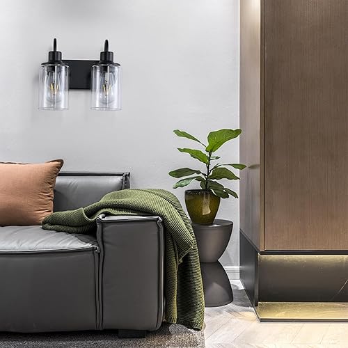 Miniatura 6 de Lámpara de baño negra mate sobre espejo, lámpara de tocador de baño de 2 luces con pantalla de vidrio transparente, apliques de pared modernos de