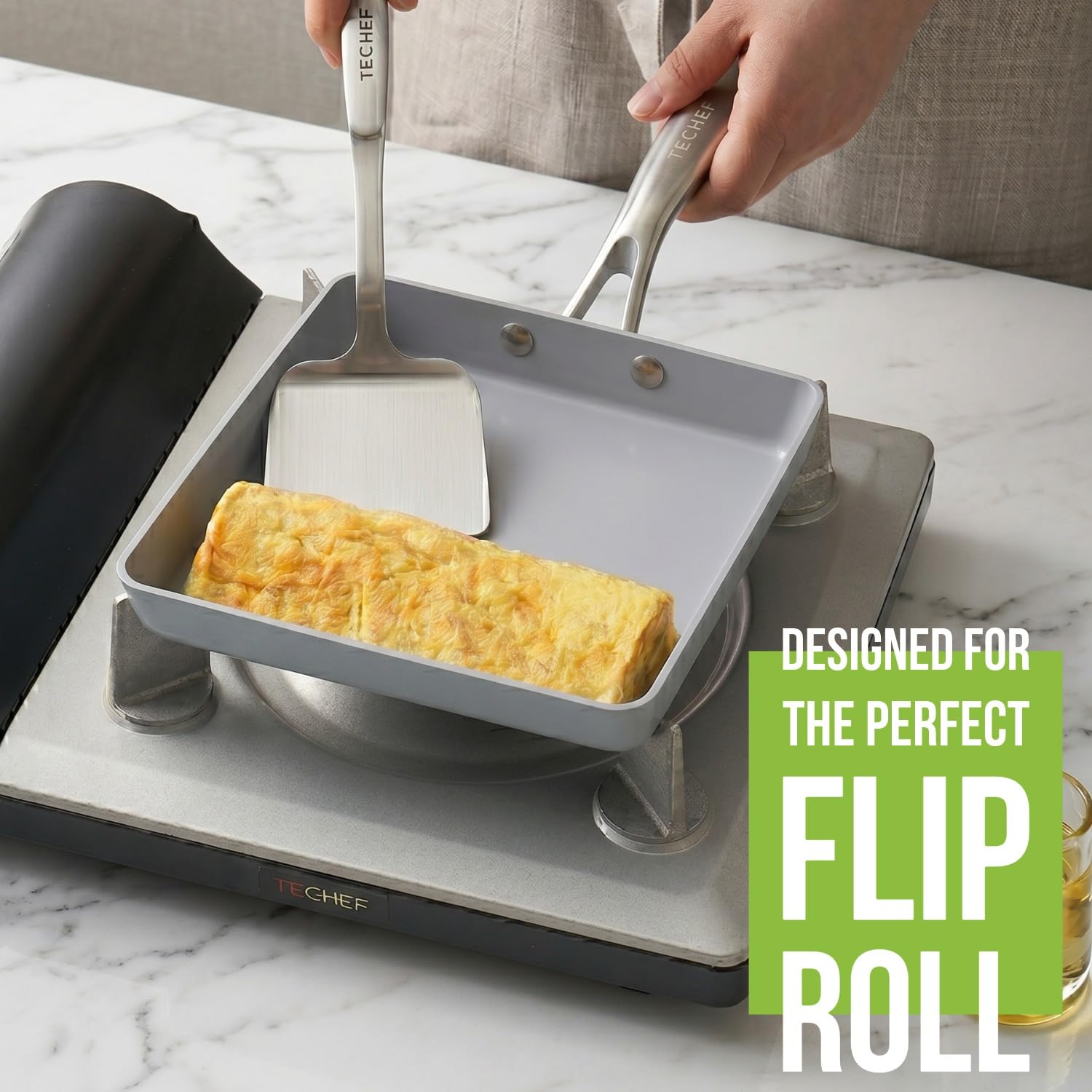 TECHEF - Padella antiaderente in ceramica CeraTerra Tamagoyaki giapponese per omelette e uova, (PTFE, PFAS e PFOA) pronta per induzione, Made in Korea