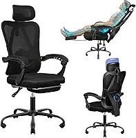 Cadeira de Escritório Ergonômica Costas Altas com Apoio de Cabeça e Lombar Ajustáveis, Cadeira de Computador em Mesh Transpirável com Apoio para os Pés Retrátil, Giratória 360° para Home Office