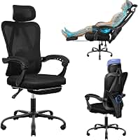 Cadeira de Escritório Ergonômica Costas Altas com Apoio de Cabeça e Lombar Ajustáveis, Cadeira de Computador em Mesh Transpirável com Apoio para os Pés Retrátil, Giratória 360° para Home Office