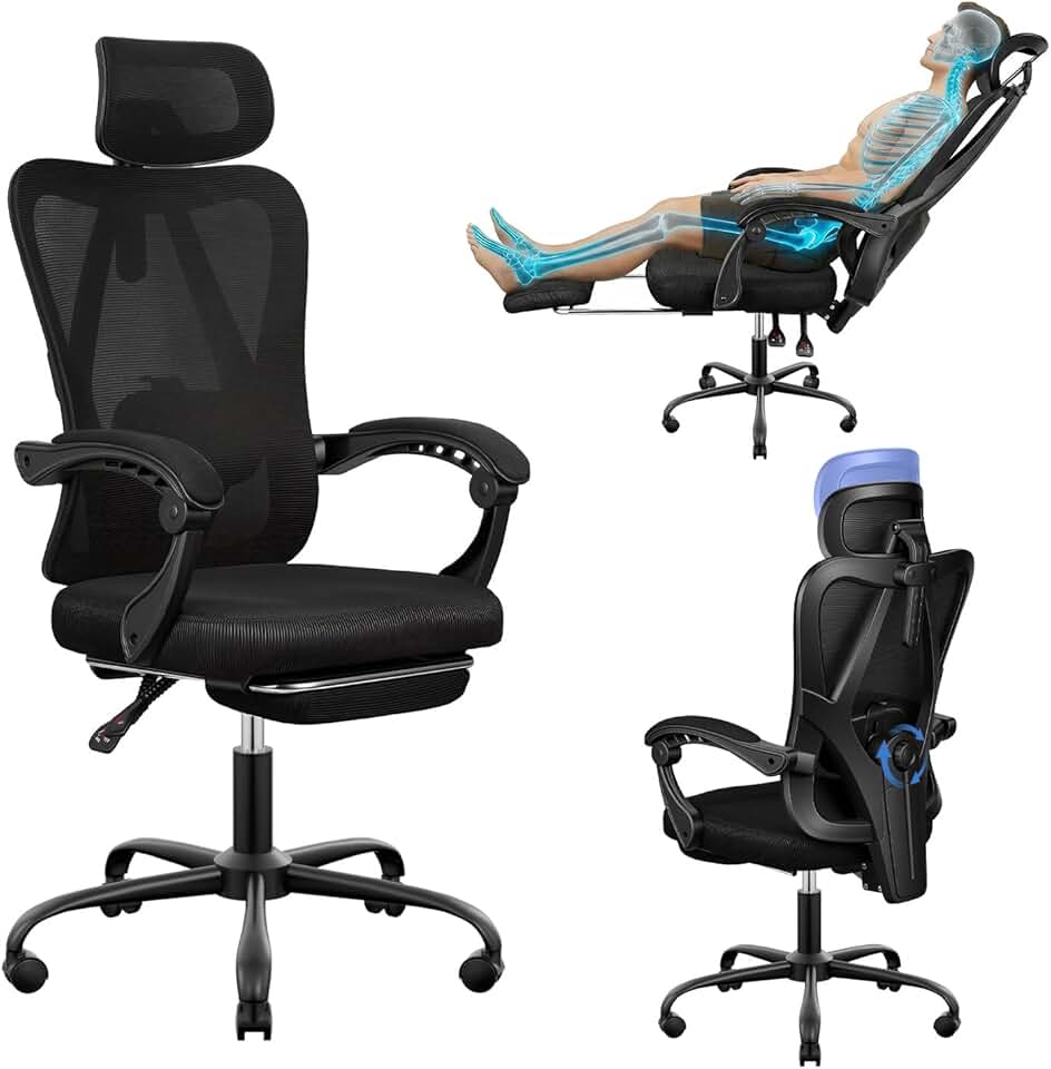 Cadeira de Escritório Ergonômica Costas Altas com Apoio de Cabeça e Lombar Ajustáveis, Cadeira de Computador em Mesh Transpirável com Apoio para os Pés Retrátil, Giratória 360° para Home Office