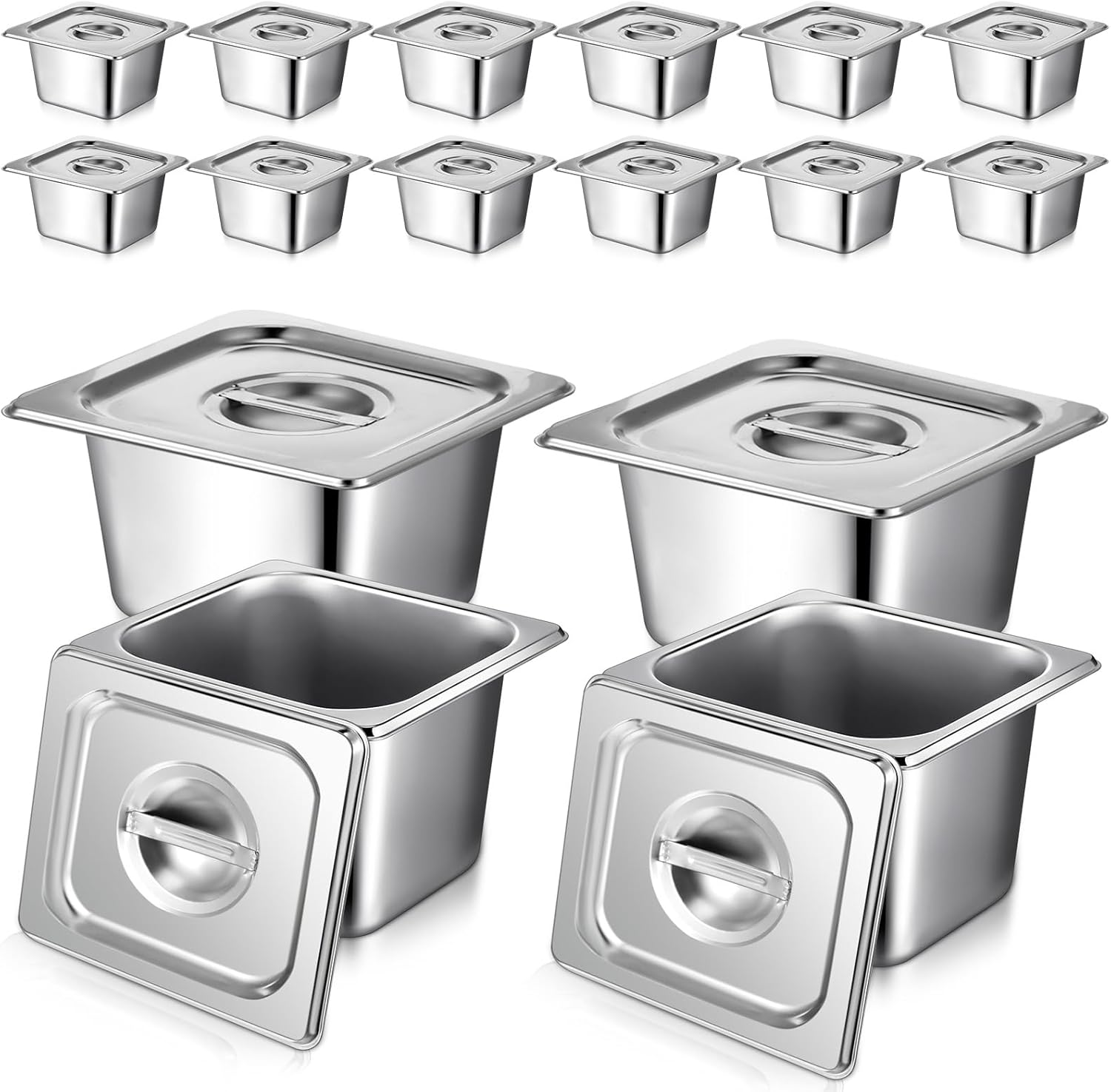 Rtteri 16 Pack 1/6 Stainless Steel Pans with Lid and 2 Tongs, 4 Spoons 4 Inch Deep Hotel Pans Catering Food Storage Containers for Commercial Steam Table Hotel Restaurant Buffet Supplies