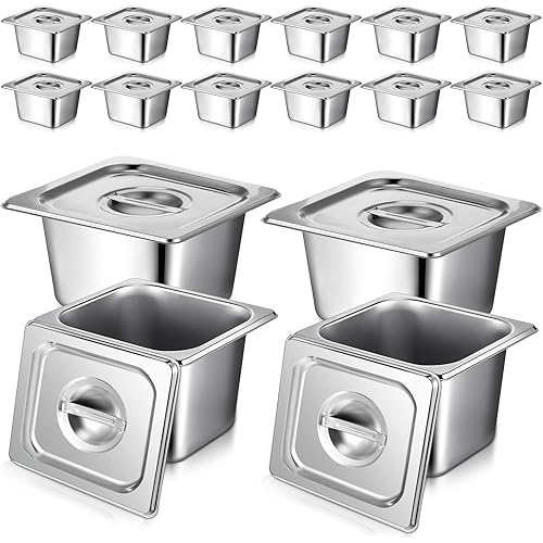 Rtteri 16 Pack 1/6 Stainless Steel Pans with 16 Lids and 2 Tongs 4 Spoons 6 Inch Deep Hotel Pans Catering Food Storage Containers for Commercial Steam Table Hotel Restaurant Buffet Supplies