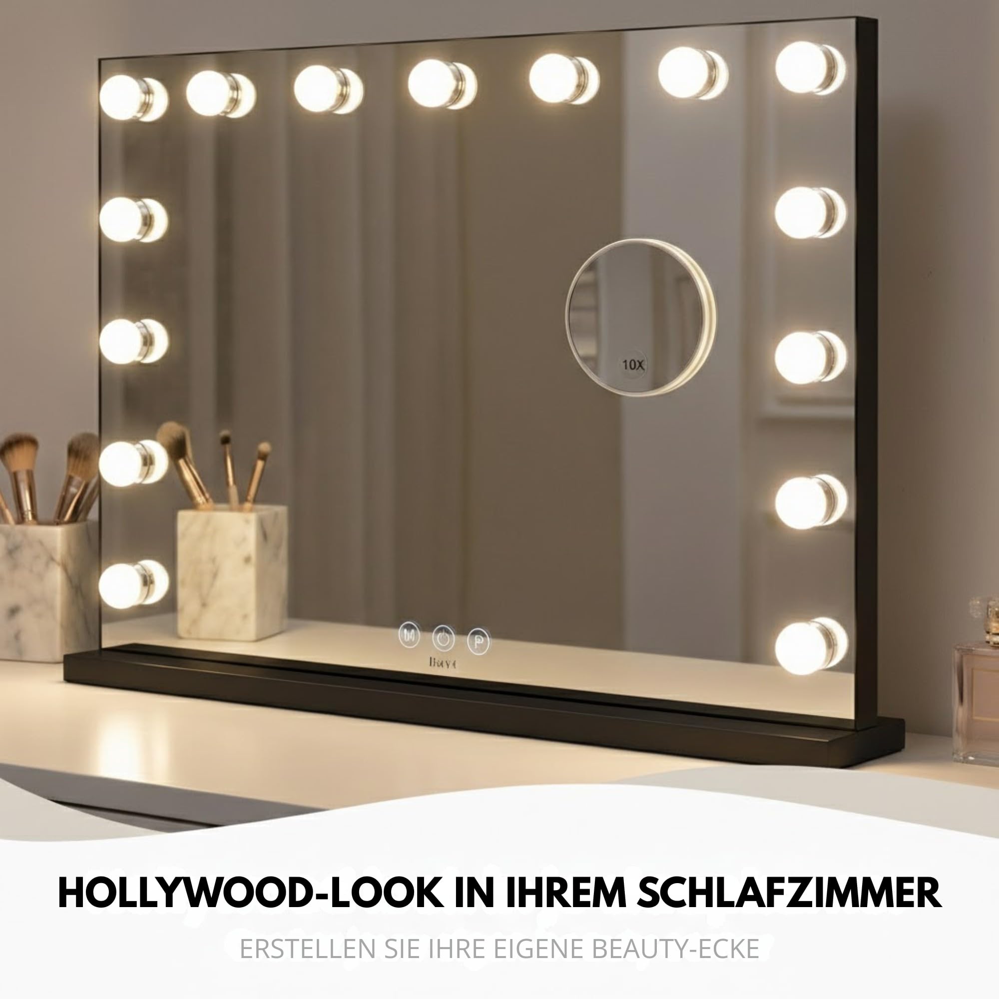 Bayt Schminkspiegel mit Beleuchtung 58x46 cm – Hollywood Kosmetikspiegel Schwarz | Tischspiegel Dimmbar mit 18 LED Lampen, 3 Lichtmodi & 10-Fach Vergrößerungsspiegel | Standspiegel für Schminktisch