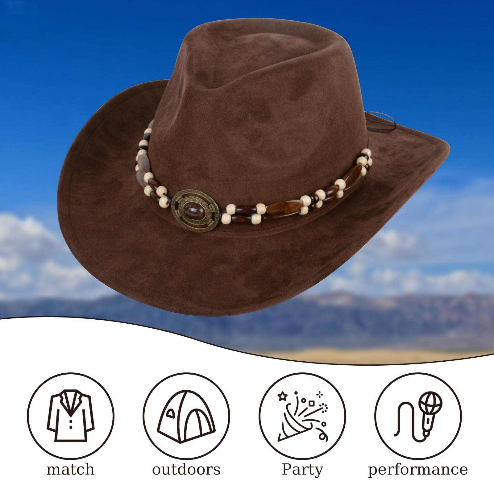 Cowboyhut für Männer und Frauen, breiter Rand, Outdoor Wildlederhut, klassischer Kunstleder-Filzhut für Männer und Frauen, einstellbare Größe