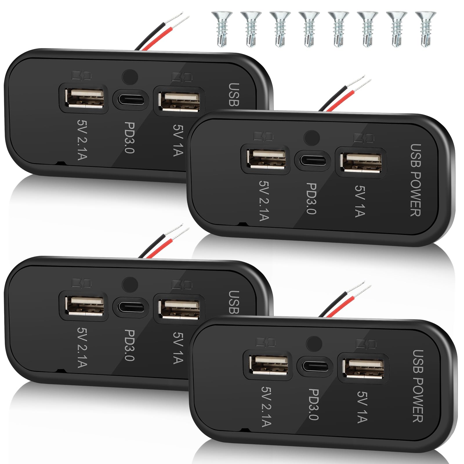 Gibbab 3 Ports 12V RV USB Outlet 45.5W, 4PCS PD3.0 Type-C Quick Charge & Dual A Port 3.1A Panel Wall Mount, Automotive Car Socket Charger Adapter for RV Marine Boat Bus ATV Motorcycle Truck