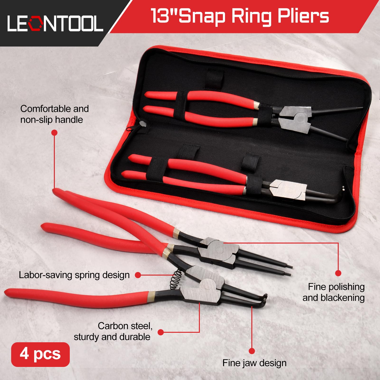 LEONTOOL 4pcs 13 pulgadas de servicio pesado interno y externo alicates con bolsa de almacenamiento de punta de mandíbula doblada recta, para instalar anillo de retención de extracción