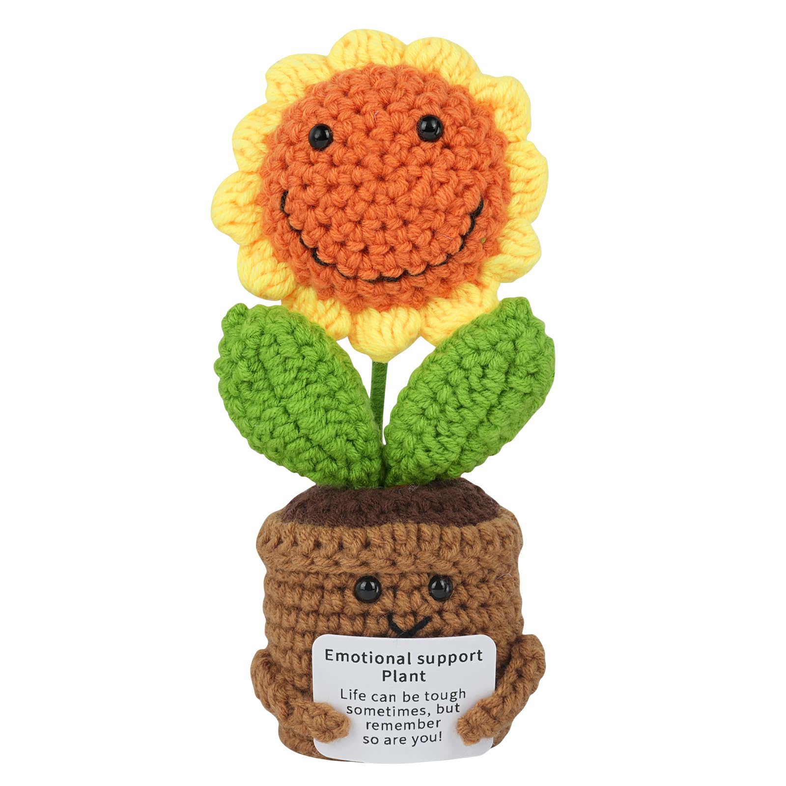 AUAUY Funny Positive Smiling Sunflower Gifts, Good Luck Crochet Gifts, Mini Knitted Doll with Inspirational Card, Emotional Support Crochet Gift, Cute Stuff for Bestie Friends, Sister, Student