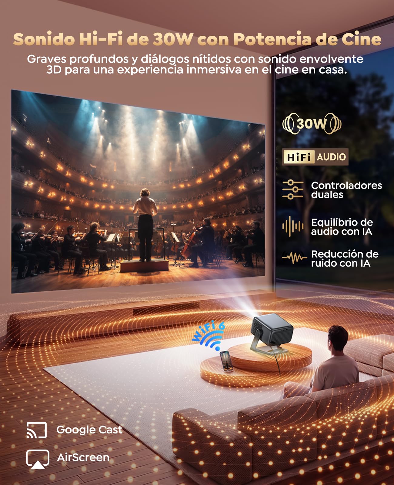 Proyector 4K【Google TV/30W Altavoz/360°Rotable】1200ANSI Proyector Portatil con oficial App,Voice Assistant,Auto Focus/Keystone,HDR10,1080P FHD WiFi Bluetooth Smart Projector para Cine en Casa/Exterior