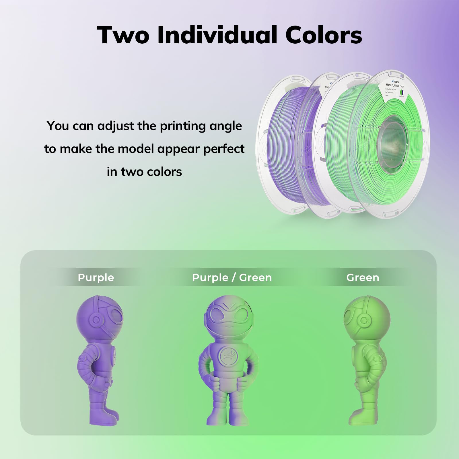 AMOLEN Filamento per stampante 3D in PLA opaco, doppio colore verde viola PLA filamento 1,75 mm, filamento PLA finitura liscia opaca, filamento di stampa 3D a cambiamento di colore 1 kg