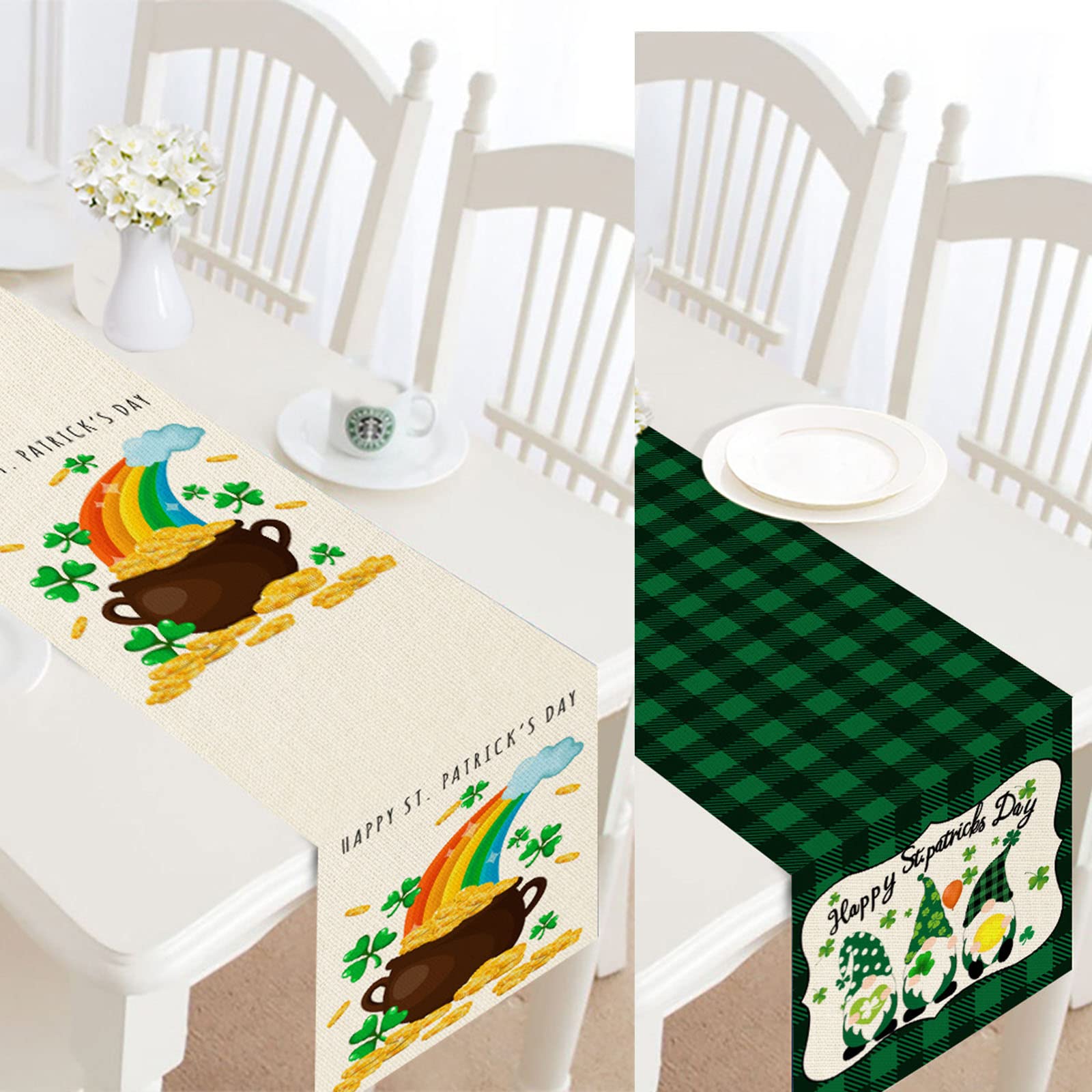 2 Pack St Patricks Day Table Runner, Buffalo Plaid Green Shamrock Gnome, Happy St. Patrick’s Day Burlap Table Runners for Seasonal Holiday Kitchen Dining Table St Patricks Decorations, 13x72inch