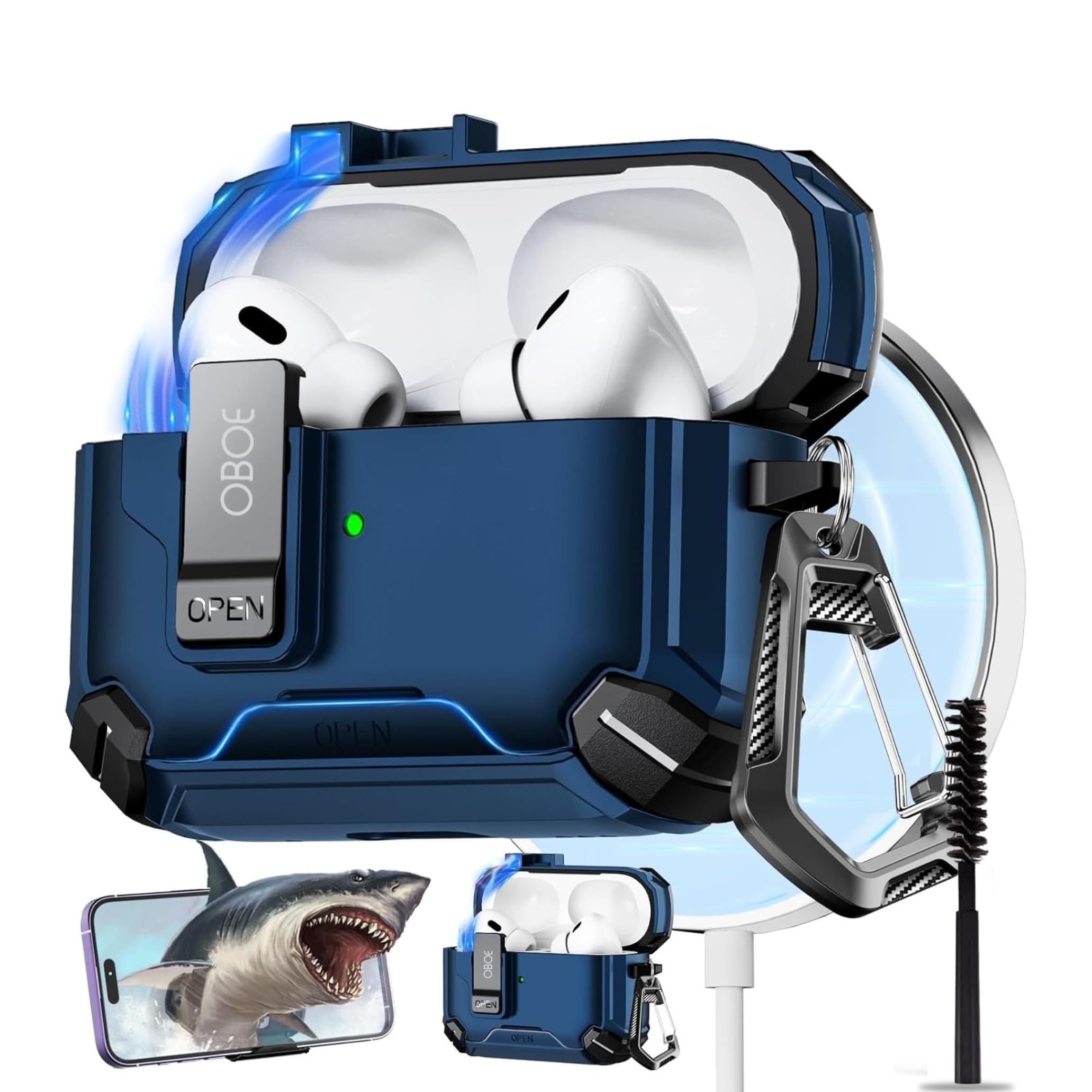 Oboe Tough Case 'Compatible with' Apple Airpods Pro 2 Case (2023/2022/2019, 2nd/1st Gen), Magsafe Ready Case with Phone Stand, Full Protection Cover, Magnetic Lock & Keyring (Blue)-image-11
