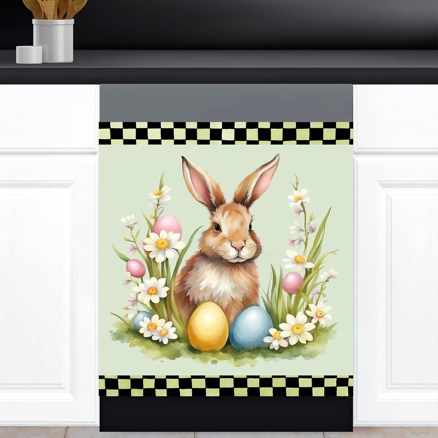 Spring Landscape Flowers Magnetic Dishwasher Cover Vinyl Decal,Happy Easter Bunny Kitchen Decor Vinyl Sticker,Rabbit Refrigerator Magnetic Covers Front Decal for Home Decor,23Wx26H Inches