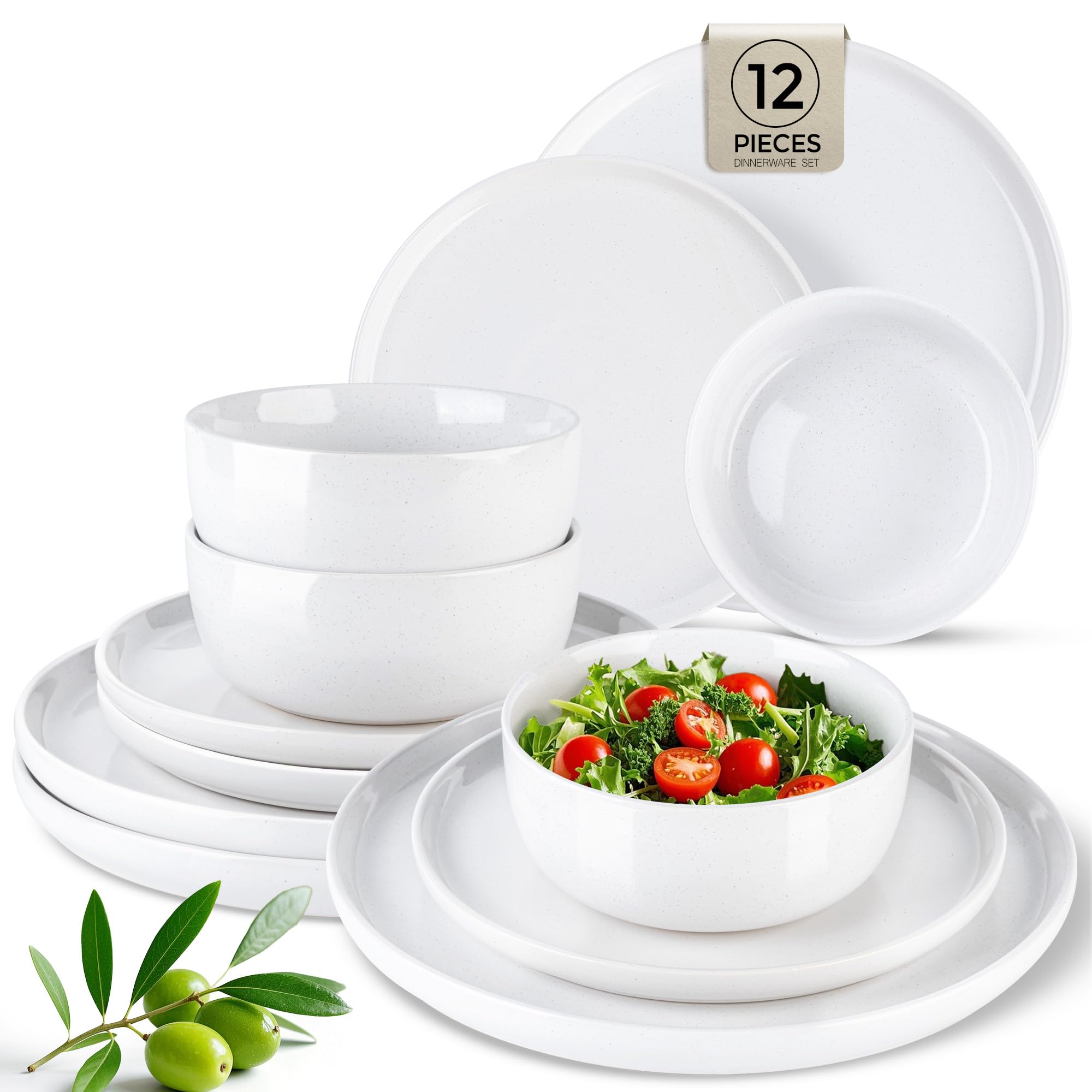 AmorArc Dinnerware Sets for 4, 12 Pieces Ceramic Plates and Bowls Set, Handcrafted Stoneware Plates Sets, Dishwasher & Microwave Safe Dishes