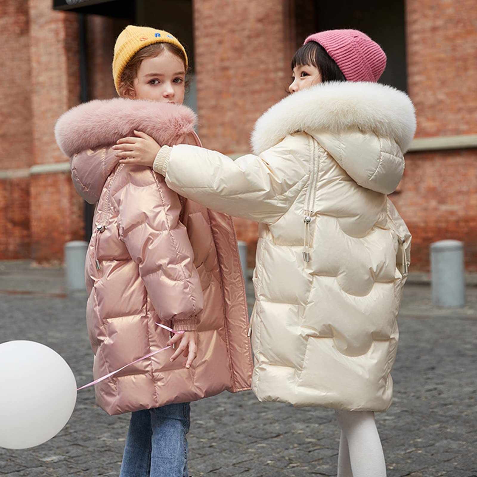 Piumino D'Anatra Bianco per Bambini Giacca Invernale con Cappuccio Ispessita per Ragazze di Media Lunghezza,Pink,17(150CM)