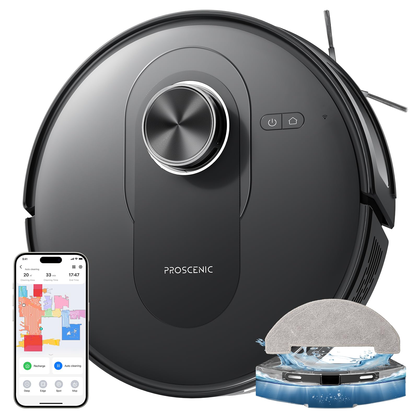 Proscenic Q8 Robot Aspirapolvere Lavapavimenti 5000Pa, 200min Autonomia LiDAR Intelligente, Ultra Sottile 6cm, Anti-Groviglio Capelli/Peli | App/Alexa/Wi-Fi, per Casa e Animali Domestici