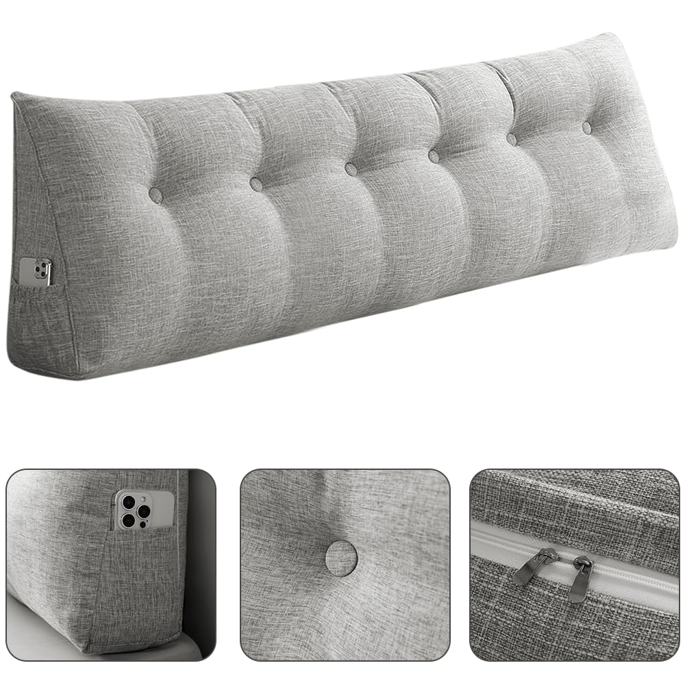 OHMG Cuscino per schienale, cuscino con zeppa adatto per letto e divano, cuscini di lettura e lombare, cuscini con collo rimovibile e fodera lavabile, pratica tasca laterale (grigio chiaro, 180 x 50 x