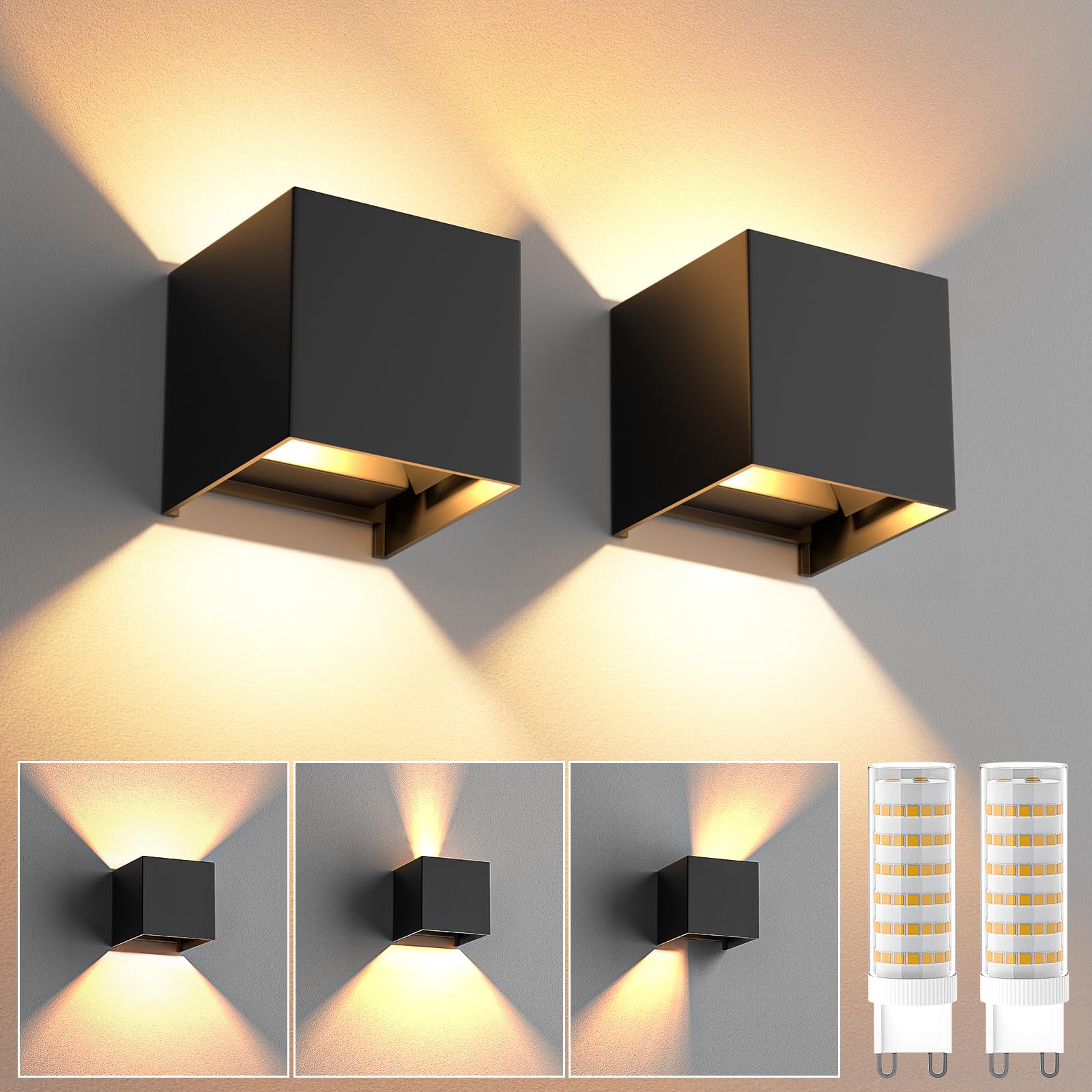 HaoDrisk 2 Pezzi 9W Applique da Esterno/Interno LED 3000K Lampada da Parete Moderno, Applique cubo in Alluminio，Angolo di Diffusione Regolabile, IP65 Impermeabile(Nero)