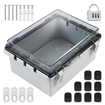 IP66 Waterproof Junction Box, 220x170x110mm ABS Engineering Plastic Electrical Enclosure, Hinged Transparent Lid, PC Mounting Plate, 9 Cable Clamps, Weatherproof Outdoor for Electrical Project