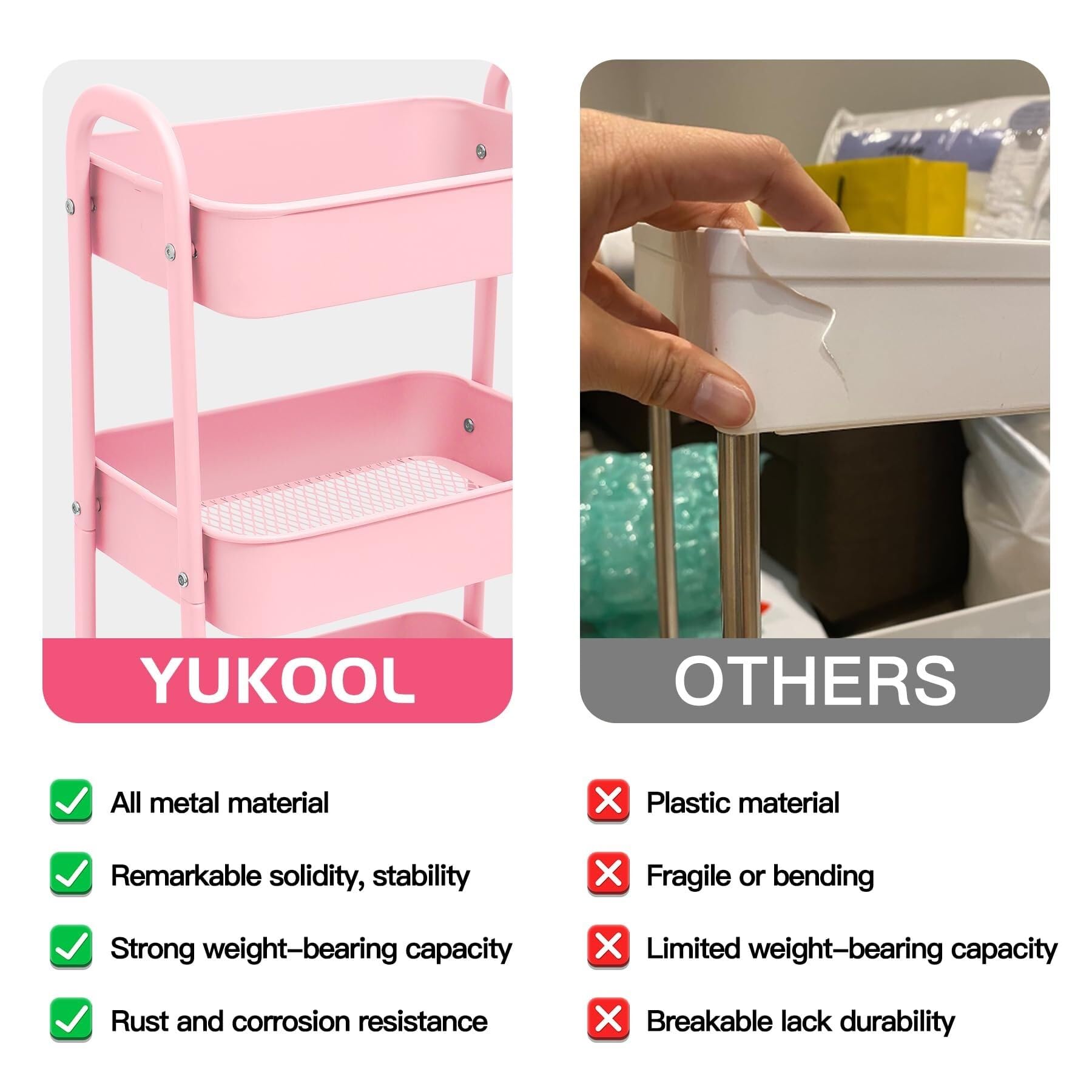 Carrellos Estetista Carrello Portaoggetti in Metallo A 3 Ripiani su Ruote, Salvaspazio E Durevole, per Cucina, Trucco, Bagno, Ufficio Carrello Parrucchieri(Pink)